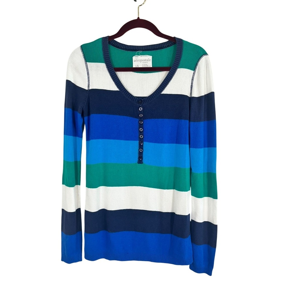 Aeropostale Striped Henley Sweater Blue L Y2K Preppy Academia Retro 90s Chic Art
